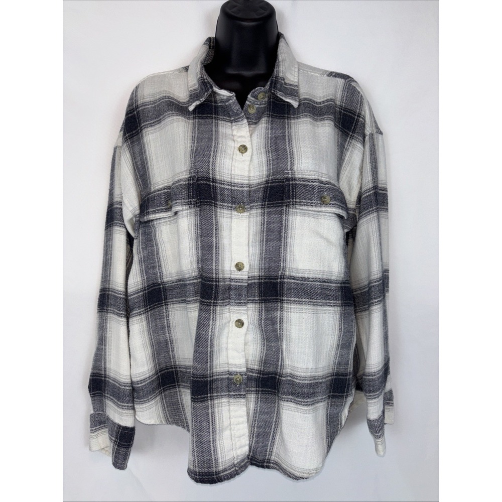 American Eagle Womens Gray Blue White Flannel Plaid Button Down Shirt Size S